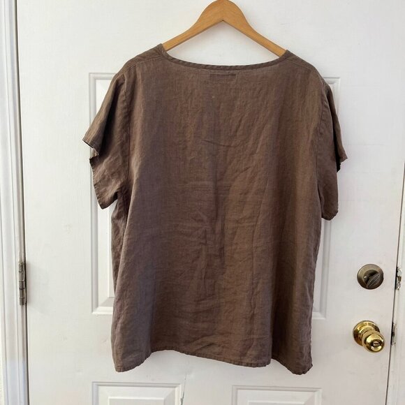 Flax Brown 100% Linen Short Sleeved Bohemian Festival Pop Over Tunic Sz 18-20 - Picture 4 of 8
